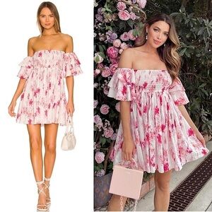MISA Pink Floral‎ Off Shoulder Smocked Ruffle Tier Short Sleeve Babydoll Dress L